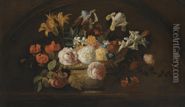 Still Life Of Flowers In A Vase On A Marble Shelf Oil Painting - Jakob Bogdani Eperjes C