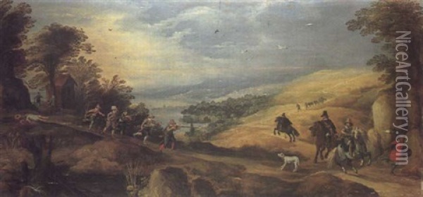 An Extensive Hilly Landscape With Bandits Attacking Travellers Oil Painting - Joos de Momper the Younger