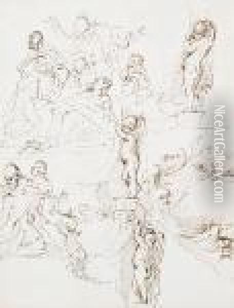 A Sheet Of Various Figure Studies, Including A Blessing And Putti Holding Cartouches Oil Painting - Donato Creti