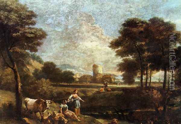 Landscape with Shepherds and Fishermen Oil Painting - Giuseppe Zais