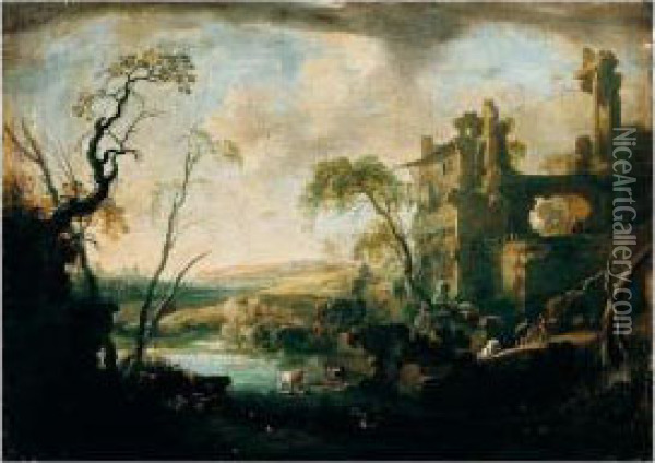An Italianate Landscape, With Cows And Figures By A Pool Oil Painting - Pierre-Antoine Patel