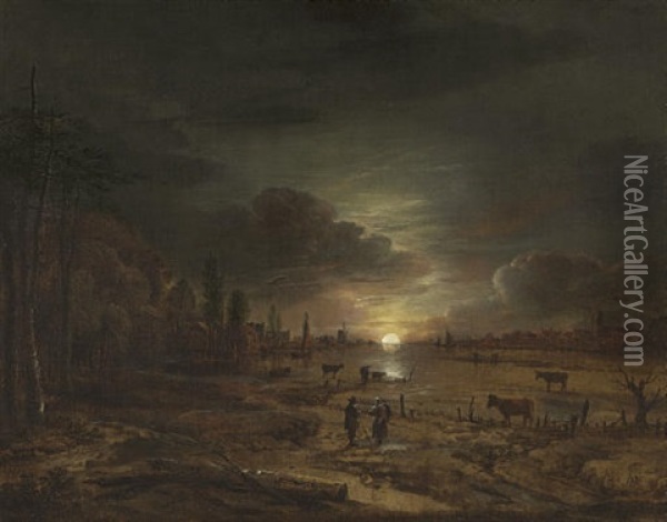 A Nocturnal River Landscape With Figures Oil Painting - Aert van der Neer
