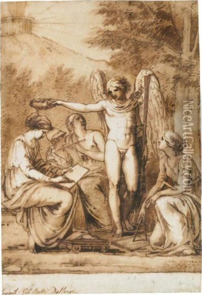Allegoria Delle Arti: La Fama Che Incorona La Poesia Oil Painting - Giovanni Battista Dell'Era