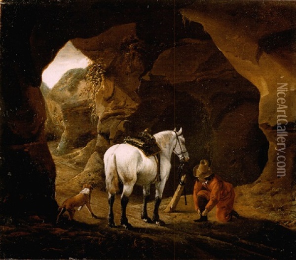 A Man Doing Up The Lace Of His Shoe, With A Grey Horse And A Dog At The Entrance To A Cave Oil Painting - Pieter Cornelius Verbeeck