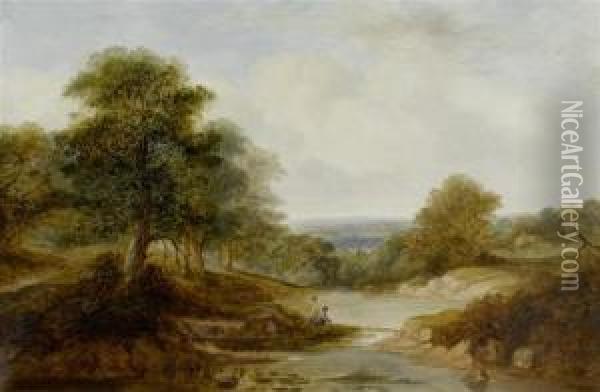 Two Fishermen In A Broad Landscape Oil Painting - A.H. Vickers