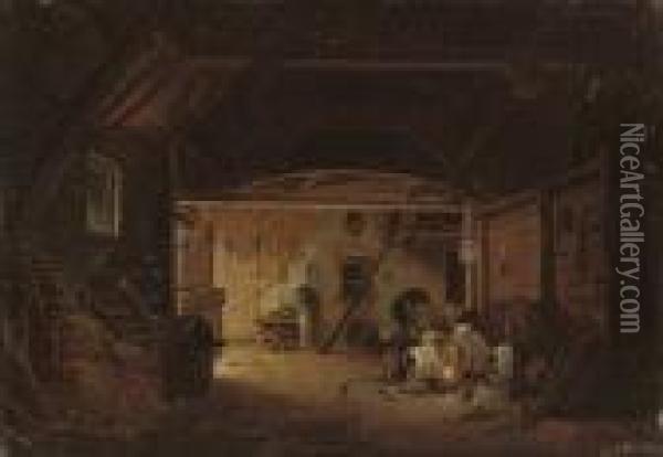 At Work In The Barn Oil Painting - Jacques Albert Senave
