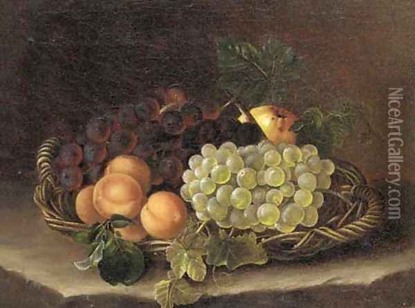 Still life of grapes, peaches and an apple in a wicker basket on a ledge Oil Painting - William Hammer