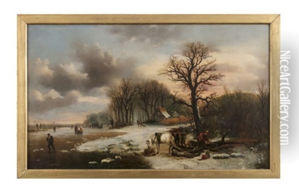 Figures Skating By A Lakeside Encampment Oil Painting - Alexis de Leeuw