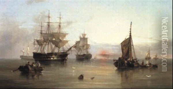 Men Of War And Other Shipping In A Calm Sea At Sunset Off   The Texel Oil Painting - Henry Redmore