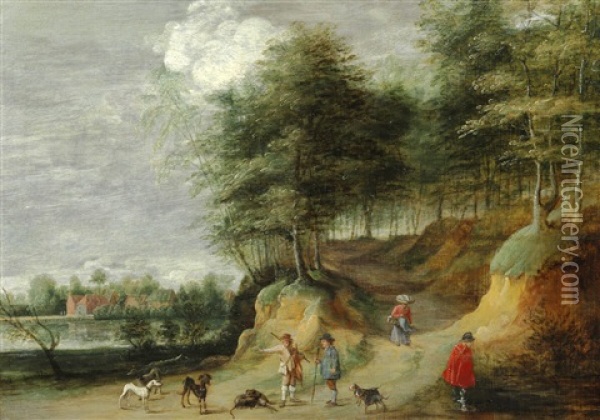 A Hilly Landscape With Shepherds On A Track Oil Painting - Lodewijk De Vadder