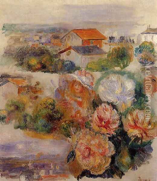 Landscape Flowers And Little Girl Oil Painting - Pierre Auguste Renoir