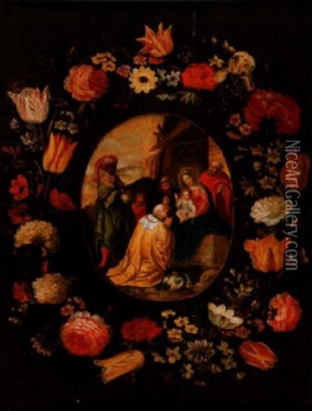 Anbetung Der Konige Im Blumenkranz Oil Painting - Frans Francken III