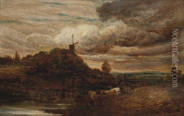 A River Landscape With A Windmill And Cattle Oil Painting - John Linnell