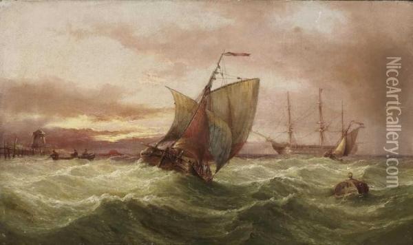 Fischerboote Und Dreimaster Auf Bewegter See Oil Painting - Henry Redmore