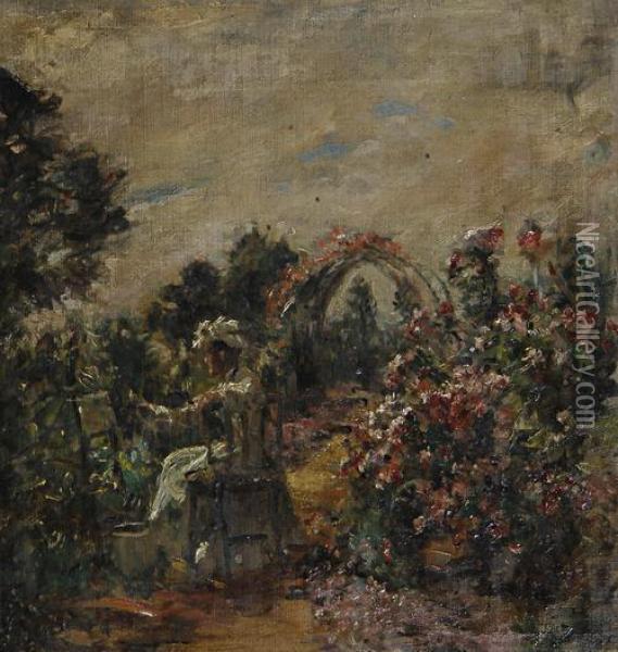A Woman Painting In A Garden Oil Painting - William Mark Fisher