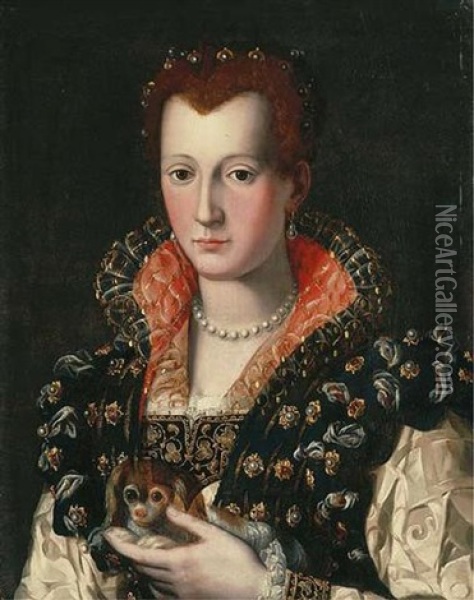 Portrait Of Eleonora Dei Medici Holding A Dog Oil Painting - Alessandro di Cristofano Allori