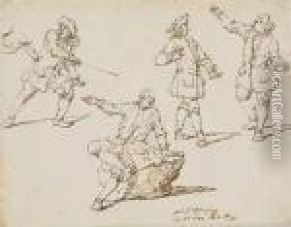 Etude De Gentilhommes Dont L'un Au Combat Oil Painting - Johann Elias Ridinger or Riedinger