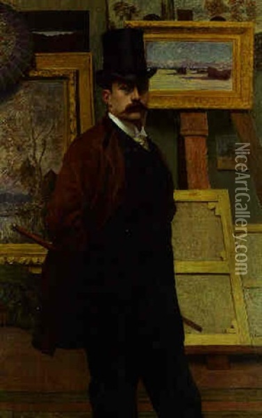 Self Portrait Of The Artist In His Studio Oil Painting - Henry Bouvet