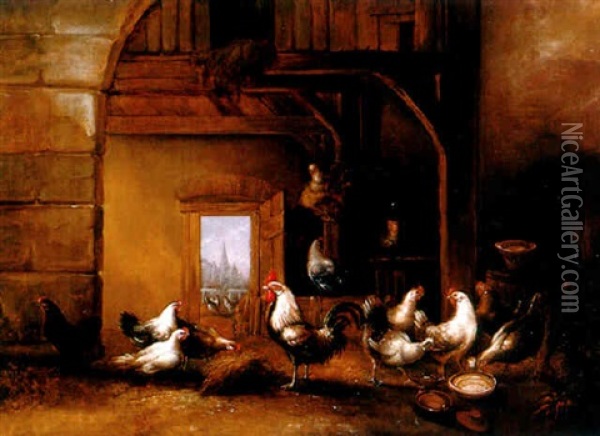 Blick In Einen Stall Mit Huhnern Und Hahn Oil Painting - Cornelis van Leemputten