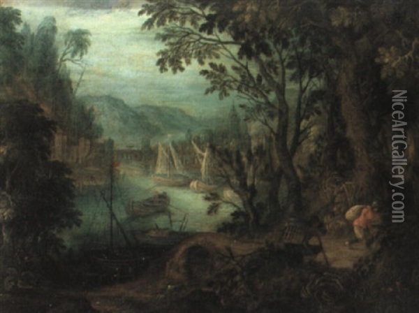 Wooded River Landscape With Boats And Figures Oil Painting - Abraham Govaerts
