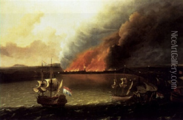 Dutch Men-of-war Pursuing A British Man-of-war, A Town Burning Beyond (dutch Raid On Chatham In 1667?) Oil Painting - Ludolf Backhuysen the Elder