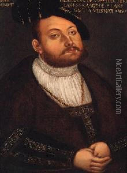 Portrait Of Johann Friedrich, 
Elector Of Saxony, Half-length, In Awhite Shirt And A Gold Embroidered 
Coat With A Fur-linedcollar Oil Painting - Lucas The Younger Cranach
