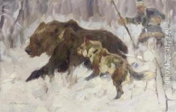 Bear Hunting Oil Painting - Konstantin Semionov. Vysotsky