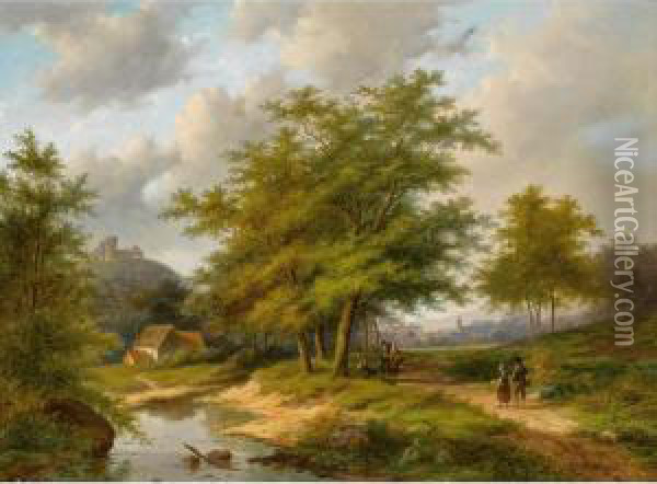 Travellers In A Sunlit Landscape Oil Painting - Jan Evert Morel