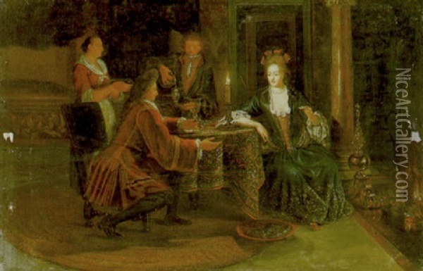 An Interior With An Elegant Couple Dining By Candlelight At A Rug-covered Table Before A Fire, Their Servants Beyond Oil Painting - Matthys Naiveu