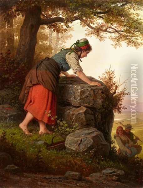 Young Woman At A Rock Oil Painting - Johann Georg Meyer von Bremen