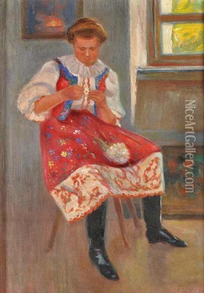 Agirl In A National Folk Costume Oil Painting - Vaclav Maly