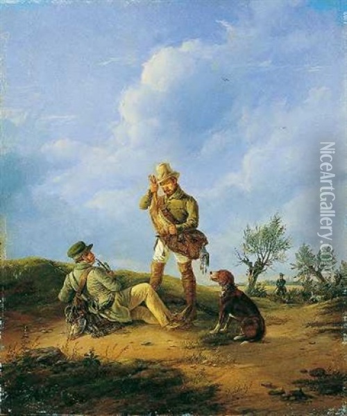 Zwei Jager Mit Hund Oil Painting - Julius Carl Schulz