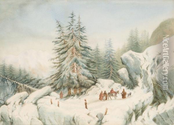 Voyageurs Dans Un Paysage De Montagnes Enneigees Oil Painting - Francois Fortune A. Ferogio