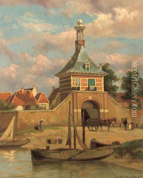 A city gate in Gorinchem Oil Painting - Johannes Hermanus Koekkoek