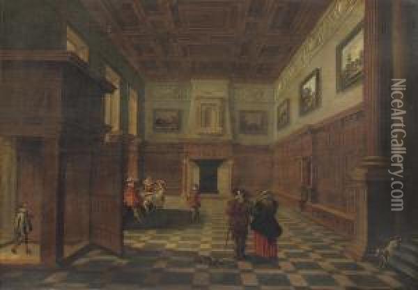 An Interior Of A Palace With Figures Conversing Oil Painting - Esaias Van De Velde