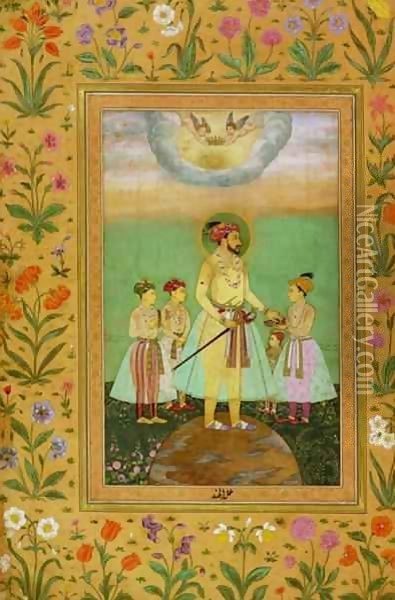 Shah Jahan (1592-1666) Stands on a Large Globe Surrounded by his Four Children Oil Painting - Balchand