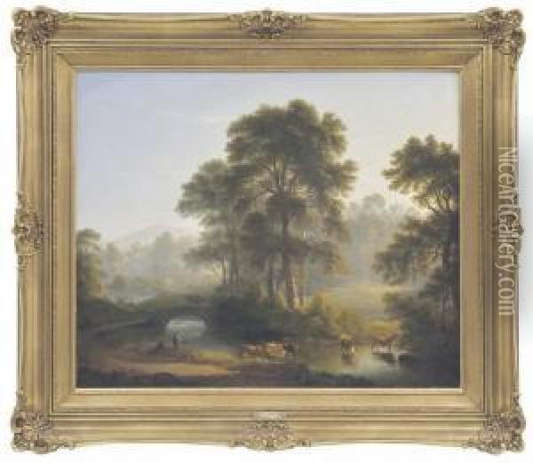 Wooded River Landscape With Anglers And Cattle In The Foreground Oil Painting - John Glover