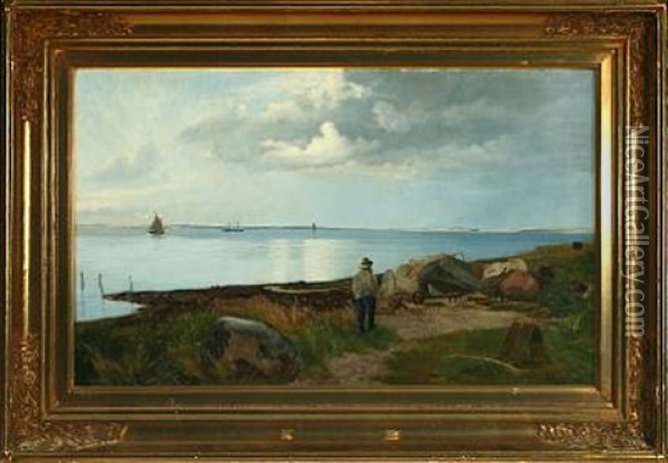 Costal Scenery With Fisherman And Sailing Ships Oil Painting - Albert Ruedinger
