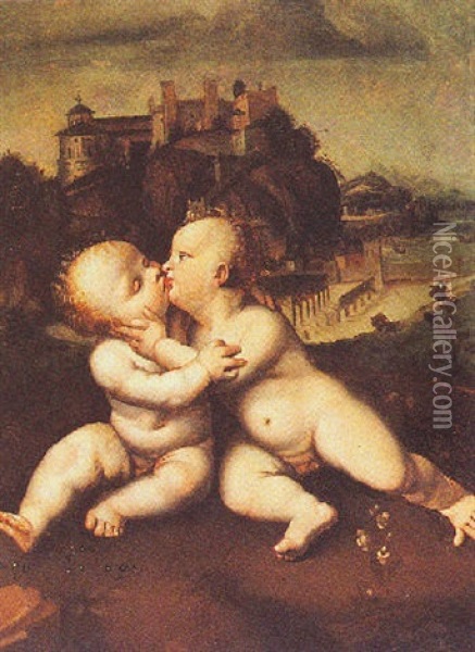 Christ And Saint John Kissing In An Italianate Landscape Oil Painting - Joos Van Cleve