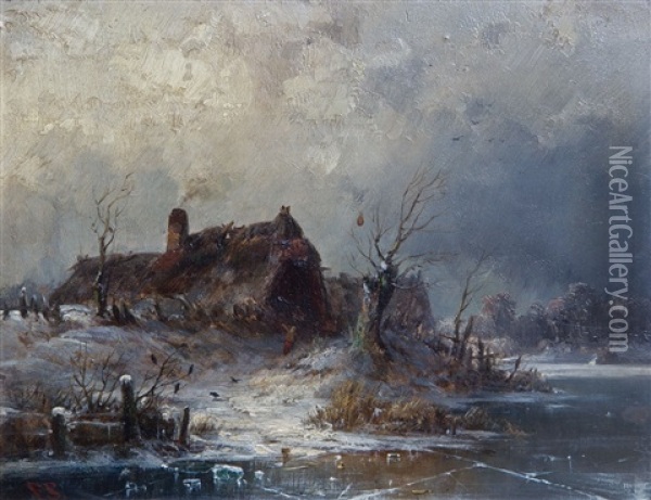 Einsame Hutten An Winterlichem Bachlauf Oil Painting - Friedrich Salzer