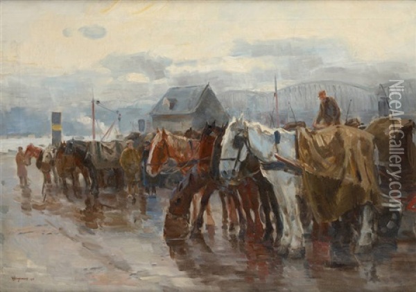 Le Chariot Attele Au Bord Du Fleuve Oil Painting - Waalko (Jans) Dingemans