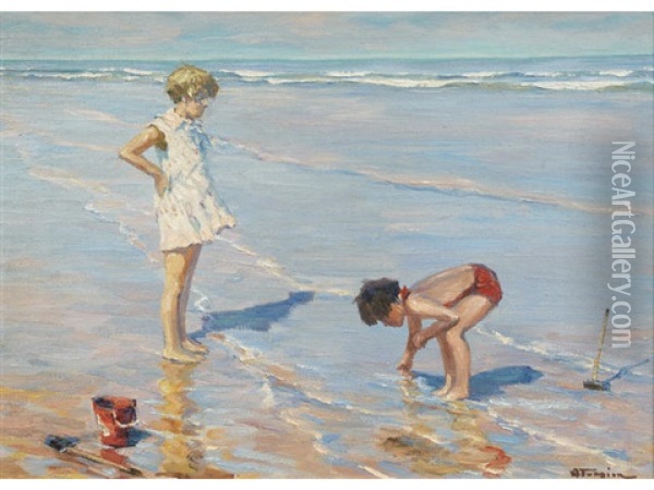 Children On The Beach Oil Painting - Charles Garabed Atamian
