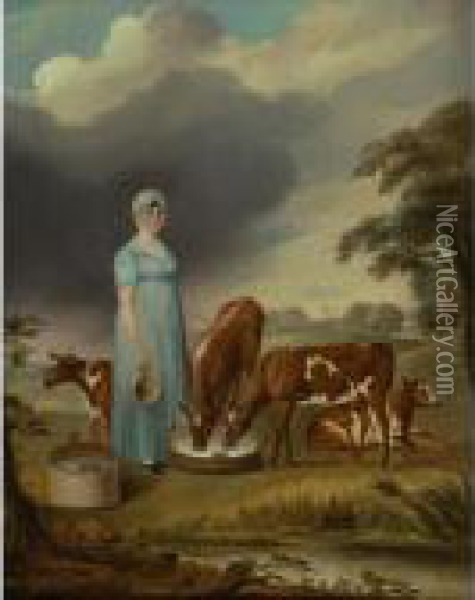 Mrs. Charles Colling Of Ketton With Her Heifer Calves By Comet Oil Painting - Thomas Weaver