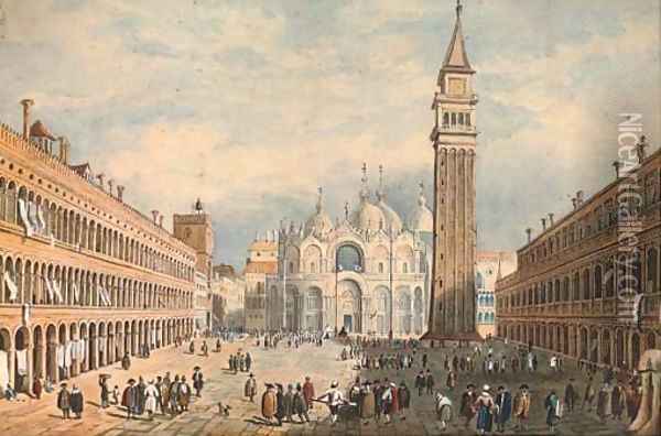 St Mark's Square, Venice (illustrated); and A view of a German town on the Rhine Oil Painting - Continental School
