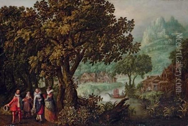 Elegant Company In A Wooded Landscape, With A Town On A Hill Beyond Oil Painting - David Vinckboons