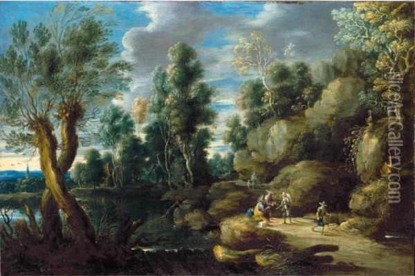 A River Landscape With Figures Conversing On A Road Oil Painting - Lucas Van Uden