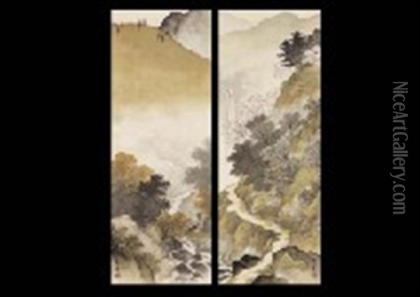 Spring Autumn Landscape (2 Works) Oil Painting - Terazaki Kogyo