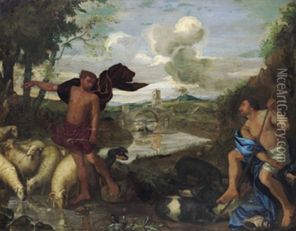 Paesaggio Arcadico, Bucolico Con Due Figure Di Pastori: Arkadische Landschaft Mit Zwei Hirten Oil Painting - Andrea di Leone