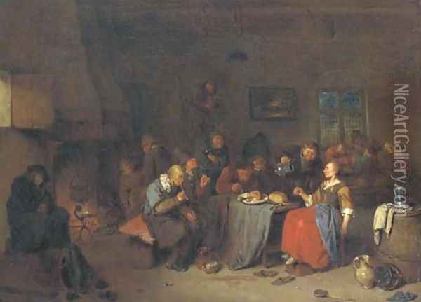 Peasants smoking, drinking and playing cards in a tavern Oil Painting - Egbert van, the Younger Heemskerck