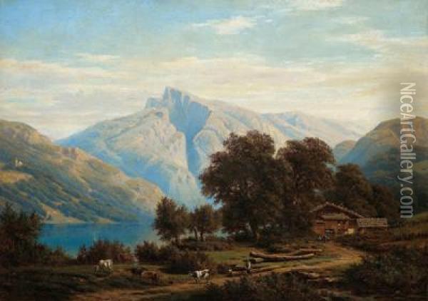 Blick Auf Den Mondsee Oil Painting - Georg Engelhardt